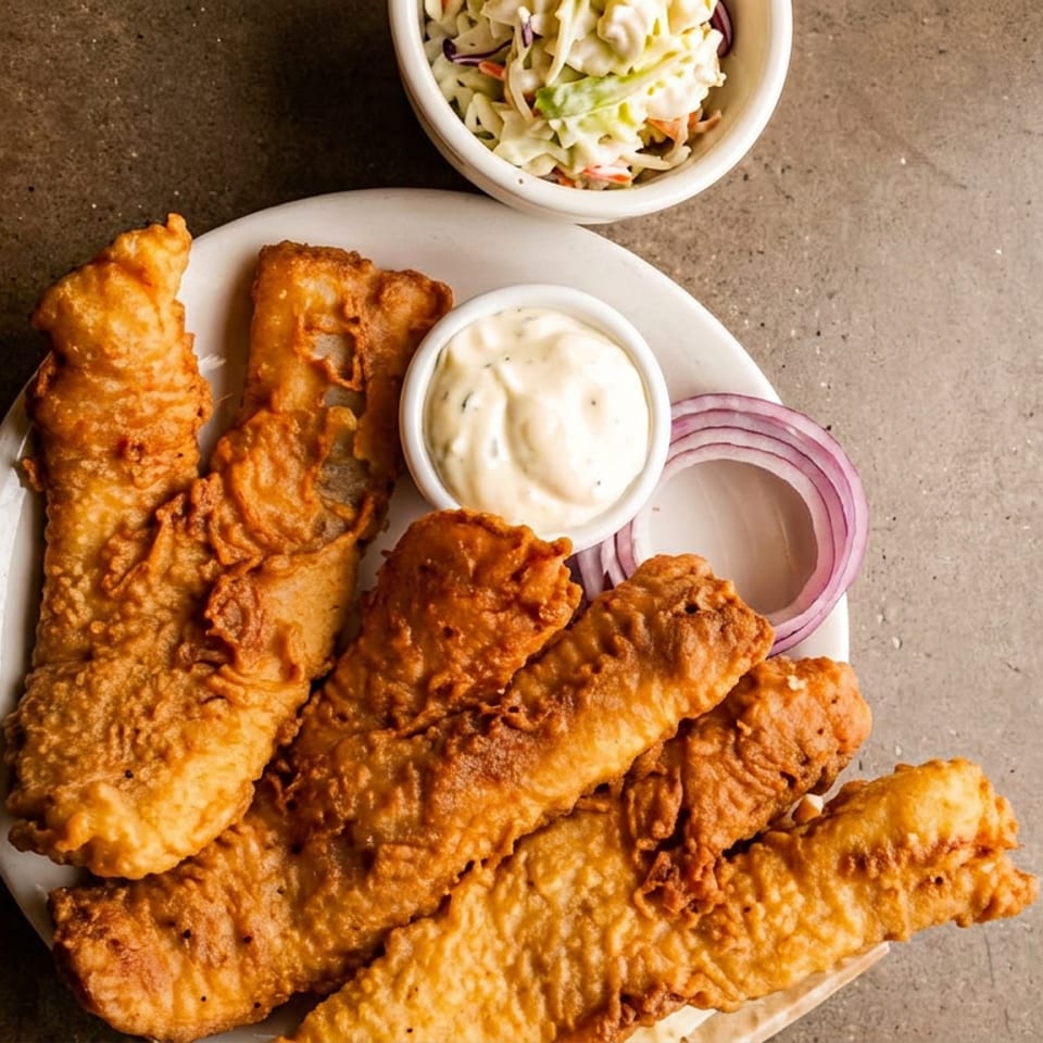 Golden-brown fried fish fillets on a white plate with tartar sauce, red onion, and coleslaw.
