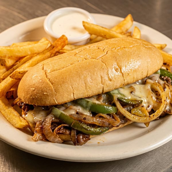 A cheesesteak sandwich with peppers and onions, served with fries and a side of ranch.