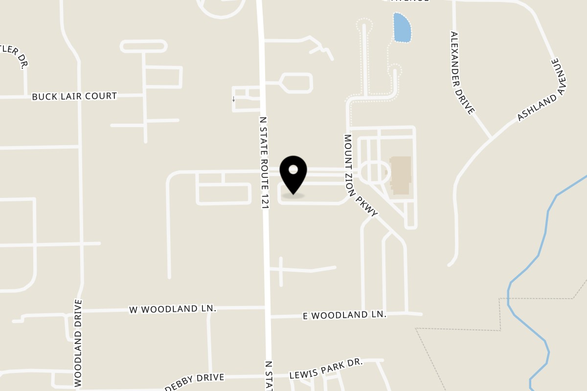 Map showing the location of Coz's Pizza on 1405 East Village Parkway in Mt Zion